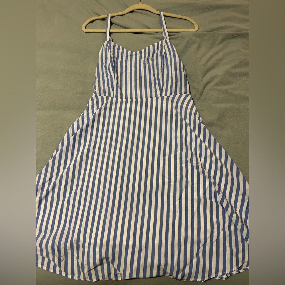 Blue and white striped cami fit and flare sunflower dress